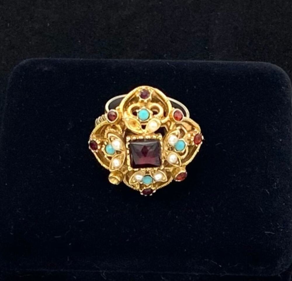 Vintage Florenza Cocktail Ring Jewel Tones Ornate Sz 6.5 Adjustable Signed READ